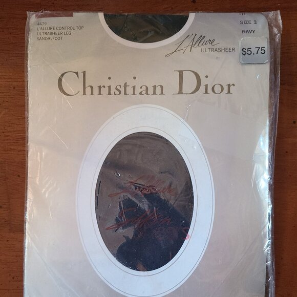 Vtg Christian Dior pantyhose 4479 Control Top Ultra Sheer Sandalfoot SZ 3 Navy - Picture 2 of 9